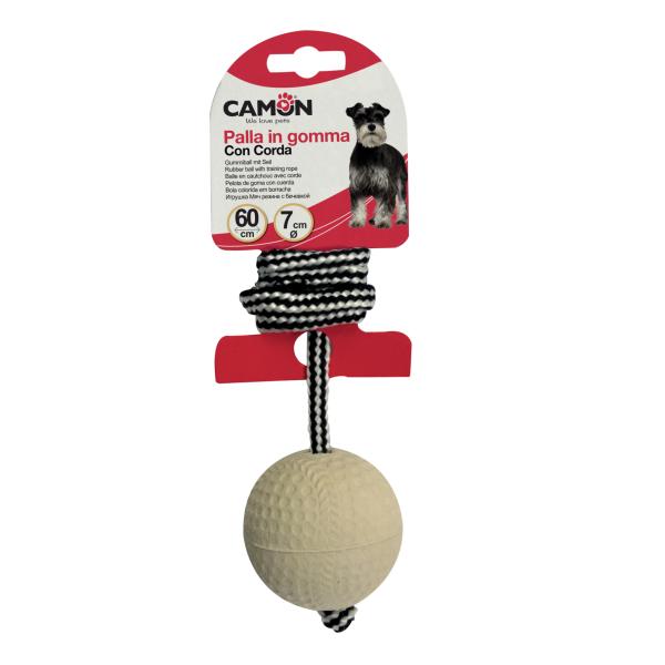 DOG TOY CAMON BASEBALL 7CM EN CAOUTCHOUC AVEC CORDE 60CM