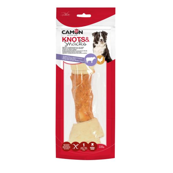 OS EN CUIR BRUT NOUÉS AVEC POULET -25CM -220G -1 PC