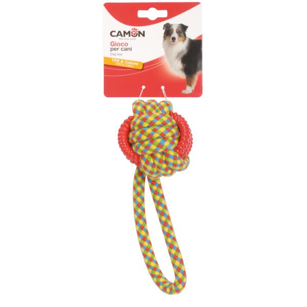 DOG TOY CAMON BALLE TORSADEE  AVEC POIGNEE 8CM