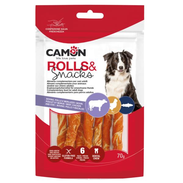 ROULEAUX EN CUIR BRUT AVEC POULET ET MORUE -12CM -70G -6 PCS