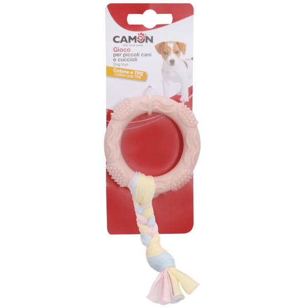 JOUET POUR CHIOT CAMON ANNEAU EN TPE AVEC TRESSE EN COTON 7CM MIXED