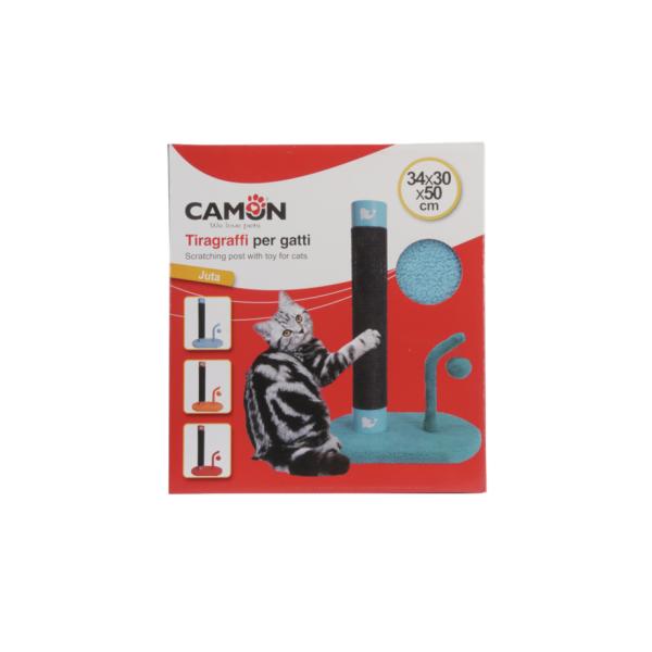 GRIFFOIR CHAT CAMON EN JUTE ET MOQUETTE AVEC JOUET 34X30X50 BLEU